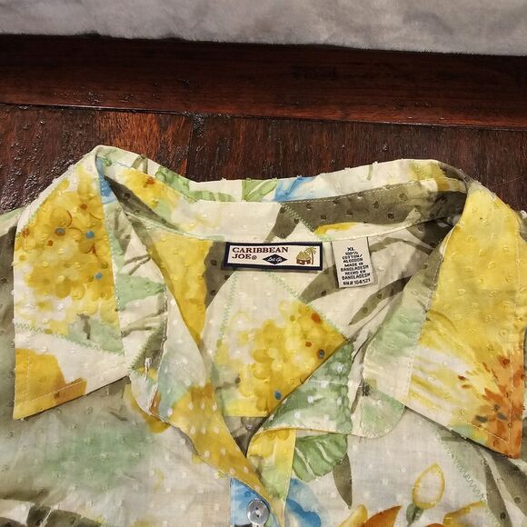 Caribbean Joe Women's XL Cotton Butter Yellow Tropical Print Swiss Dot Blouse - Picture 2 of 7